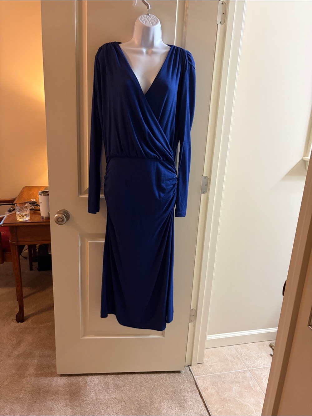 Women’s Elegant Deep V Long Sleeve Wrap Dress - Royal Blue